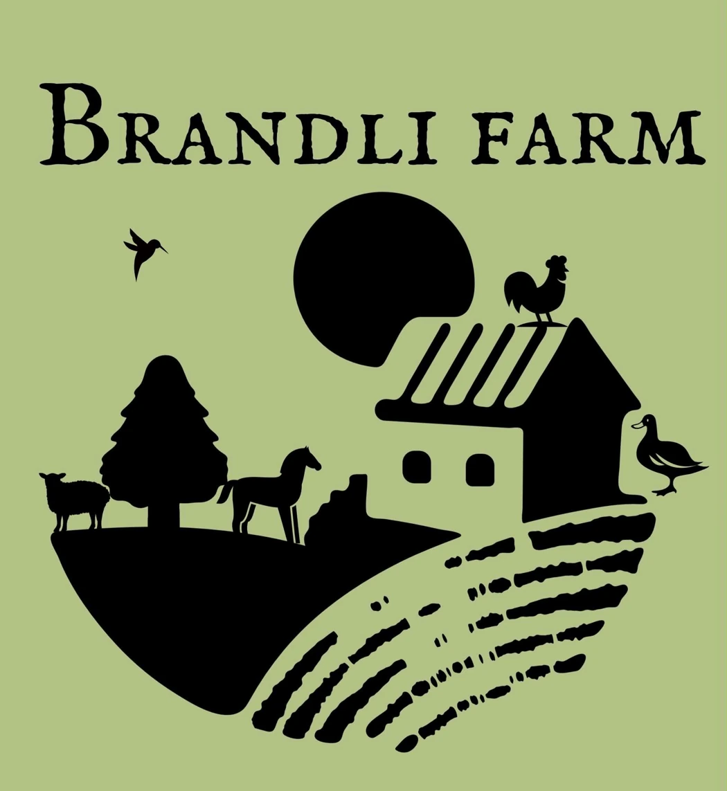 Brandli Farm logo: a barn, field, tree, and farm animals
